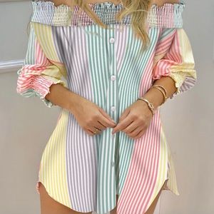 Off Shoulder Color Striped Button Shirt Dress